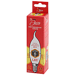 ECO LED BXS-6W-827-E14 ЭРА диод, свеча на ветру, 6Вт, тепл, E14